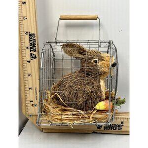 Vintage Straw Bunny Rabbit In Wire Cage Easter Spring Farmhouse Home Decor